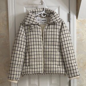 Jason Wu Luxury Plaid Tweed Puffer Jacket with Convertible High Neckline